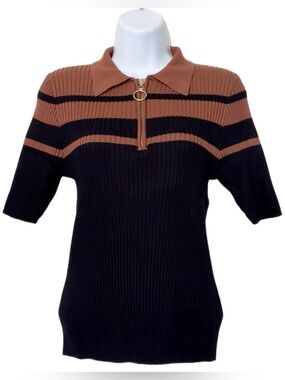 Rio & Rian Women Ribbed Short-Sleeve Polo Sweater Top in Black and Brown Size M